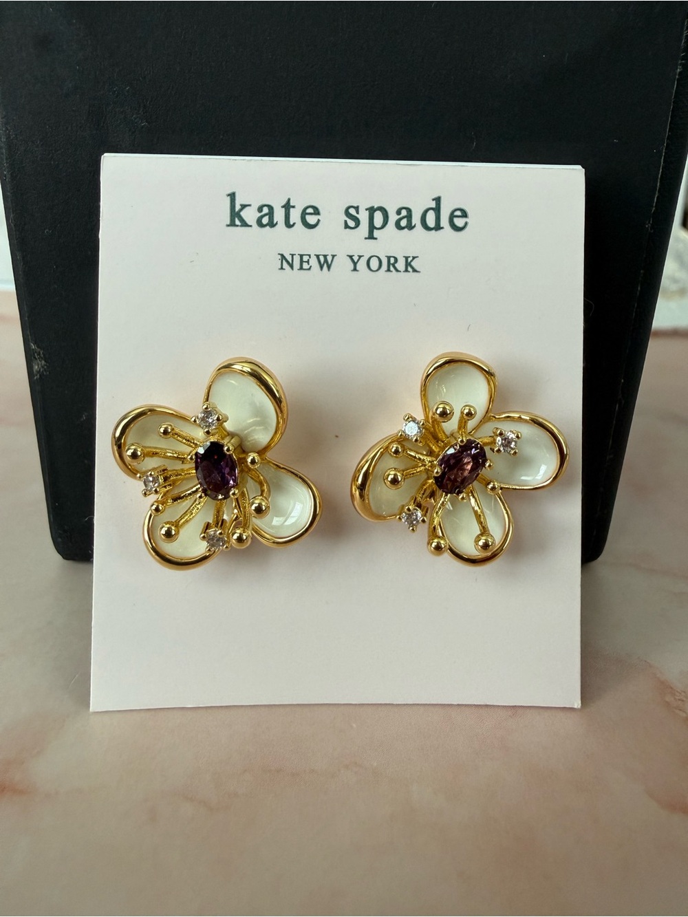 kate spade | Gold Plated & Ivory Floral Studs with Purple Stone Center
